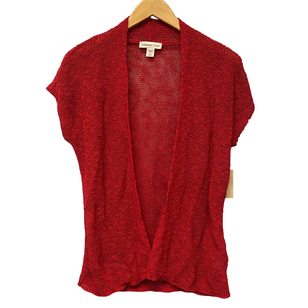 Coldwater Creek Red Mesh Stitch Open Knit Front‎ Cardigan Sweater M 10-12 Beachy